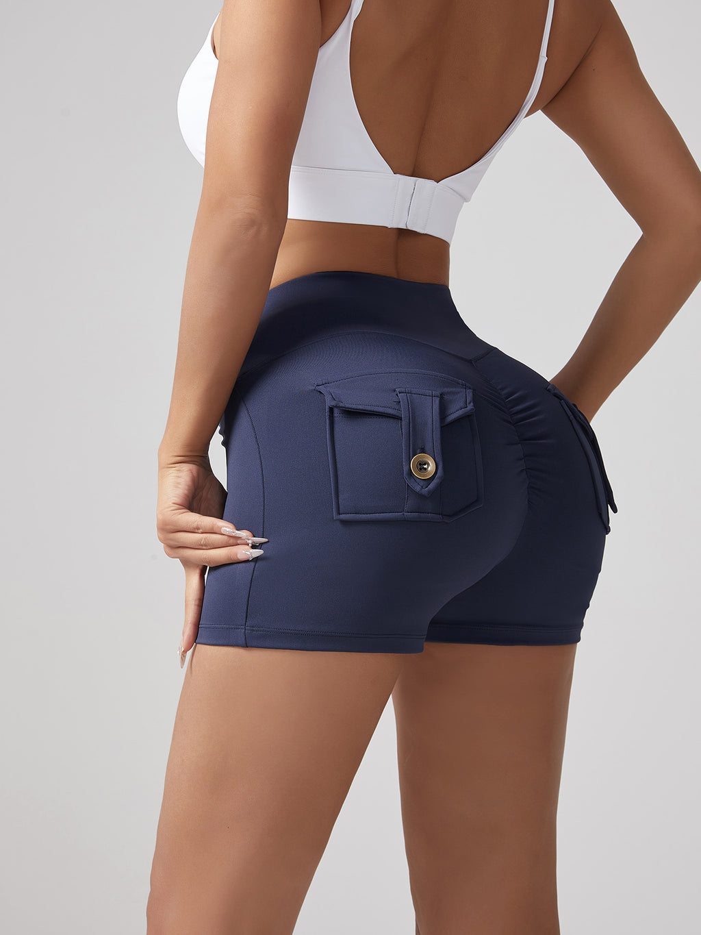 V-waist Stretch Yoga Workwear, Pocket Button Tight Pants, Women's Peach Hip Running And Fitness Shorts